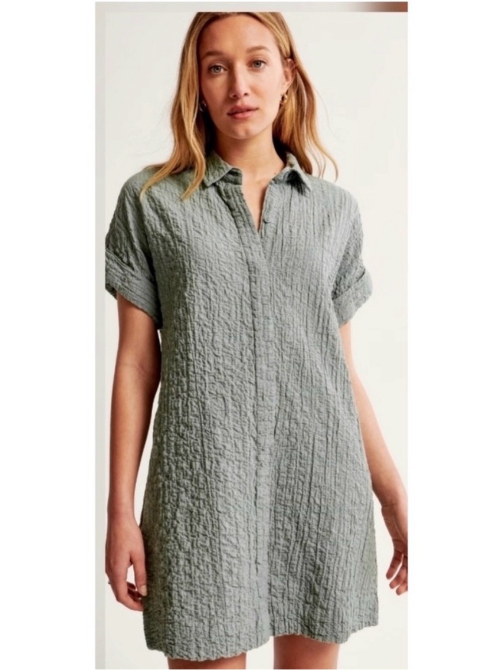Abercrombie & Fitch Crinkled Shirt Dress - Sage Green XLT